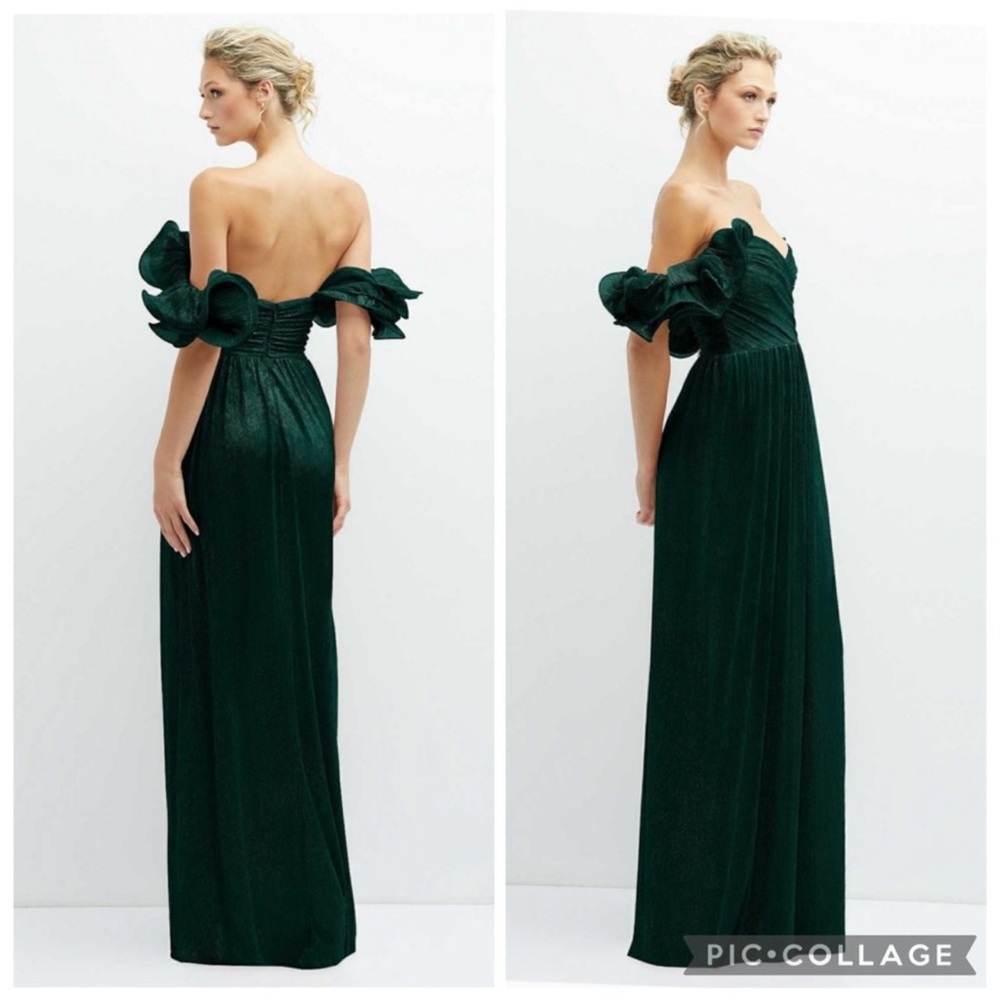 After Six 6883 Covertible Ruffle Strap Pleated Gown Metallic Evergreen S - Picture 2 of 8